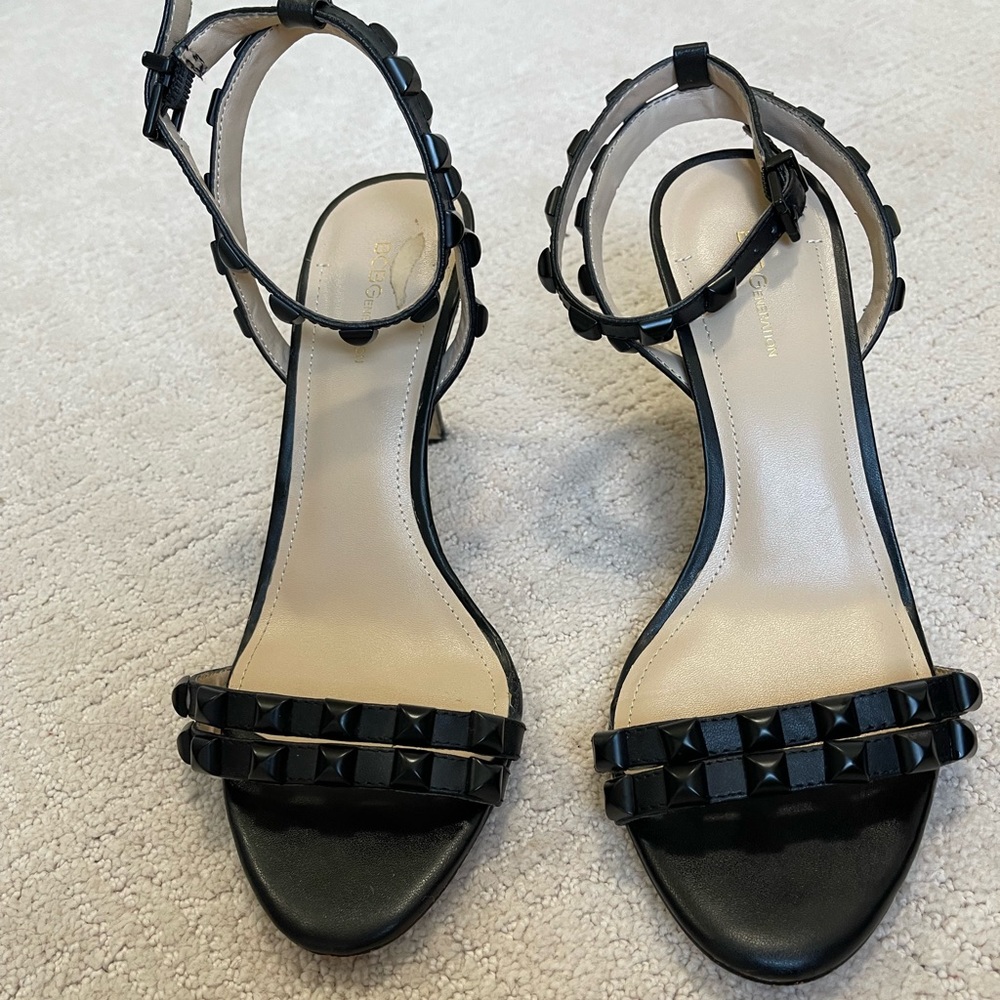 BCBG Black leather studded sandal heels